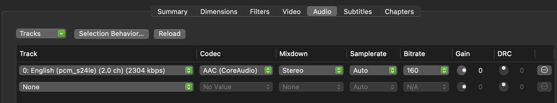 Screenshot of HandBrake audio tab