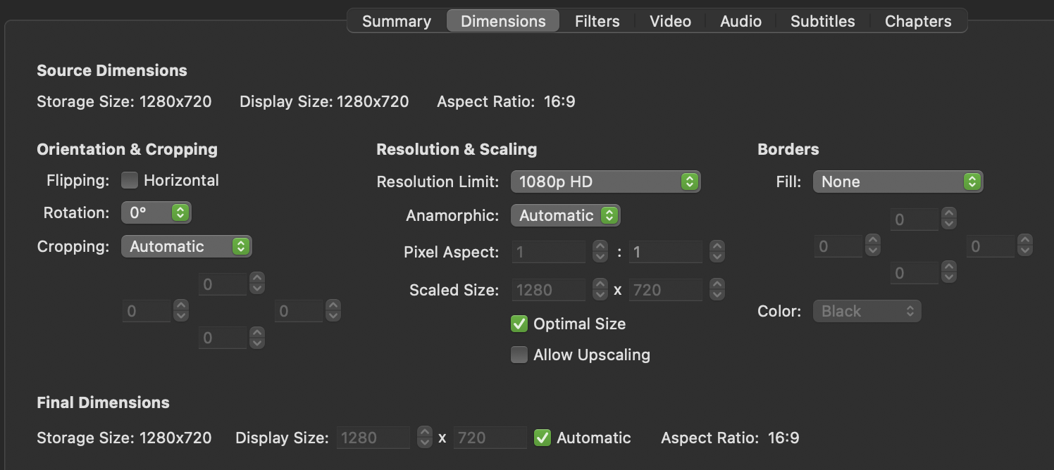 Screenshot of HandBrake dimensions tab