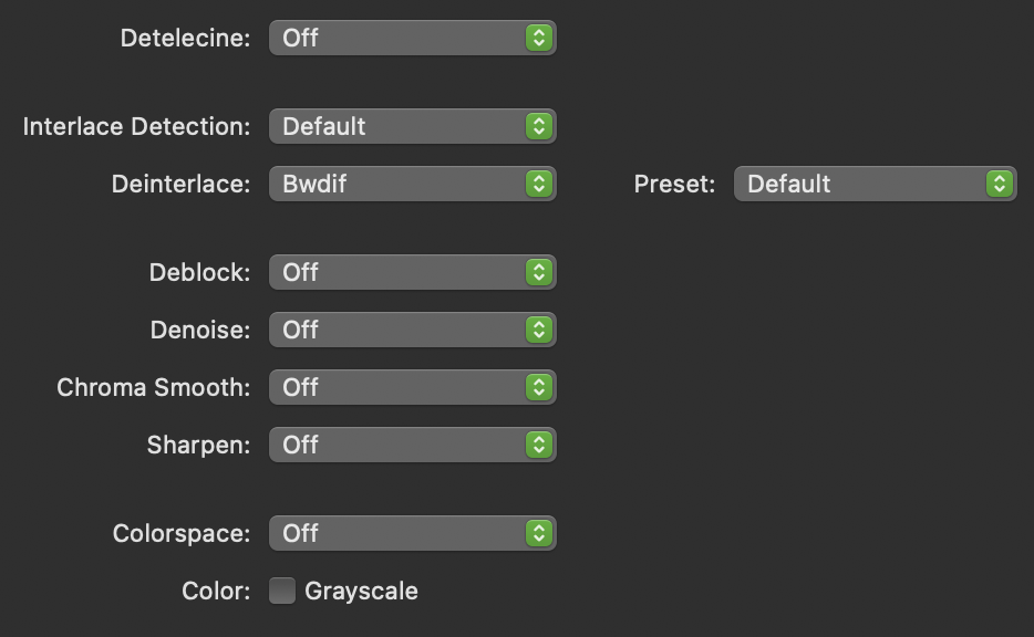 Screenshot of HandBrake filters set to Bwdif