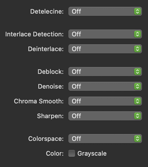 Screenshot of HandBrake filters set to none