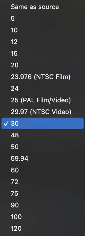 Screenshot of HandBrake video encoder menu