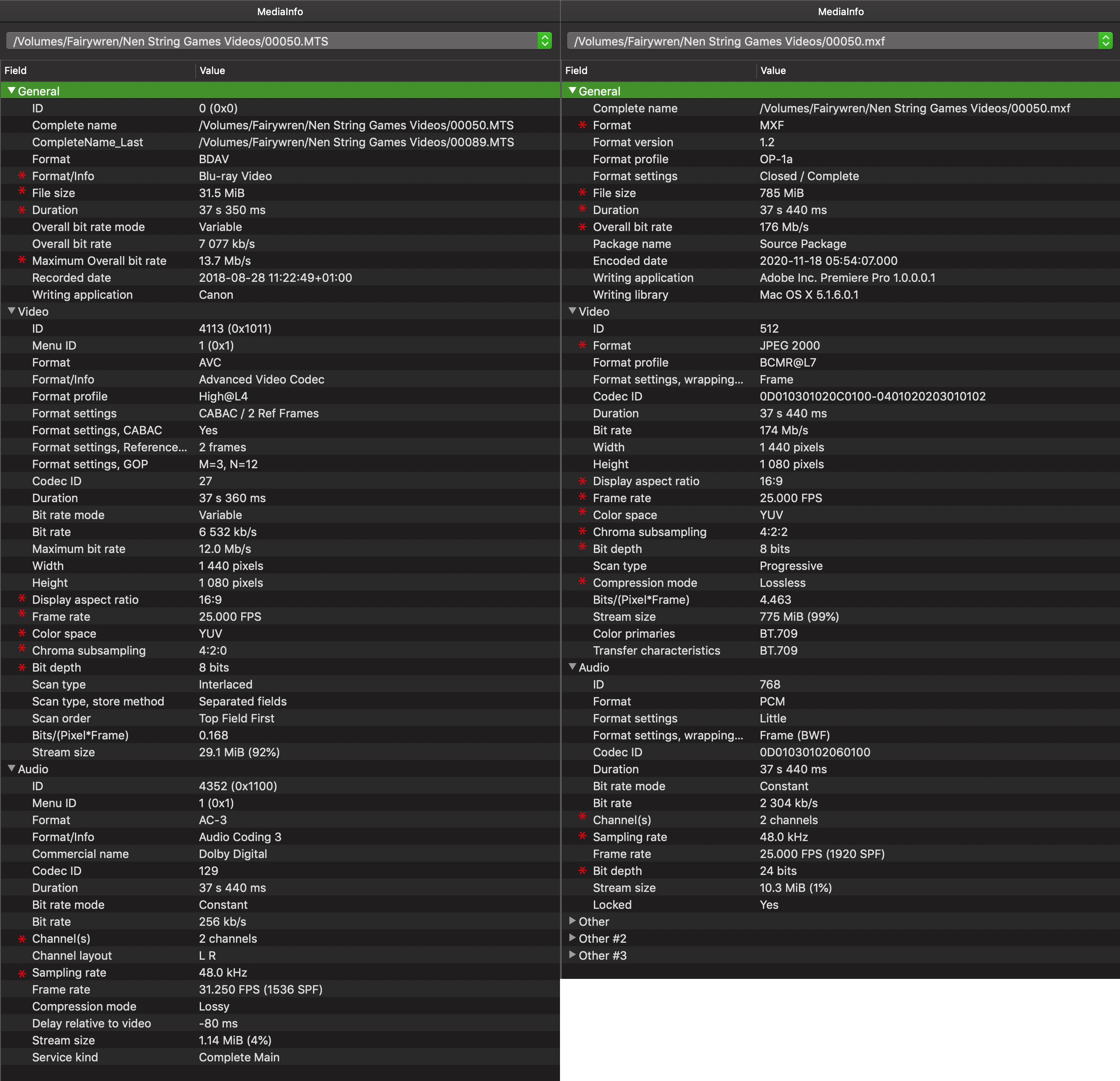 Side-by-side comparison of MediaInfo screenshots for .MTS and .MXF video files