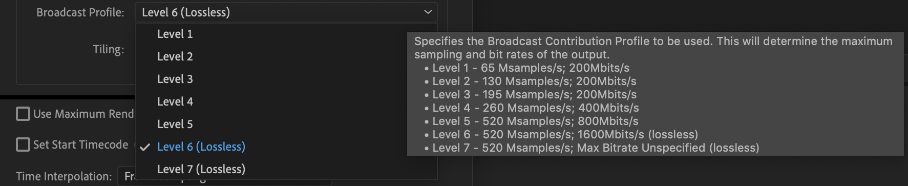 Broadcast profile settings from Adobe Media Encoder 2018
