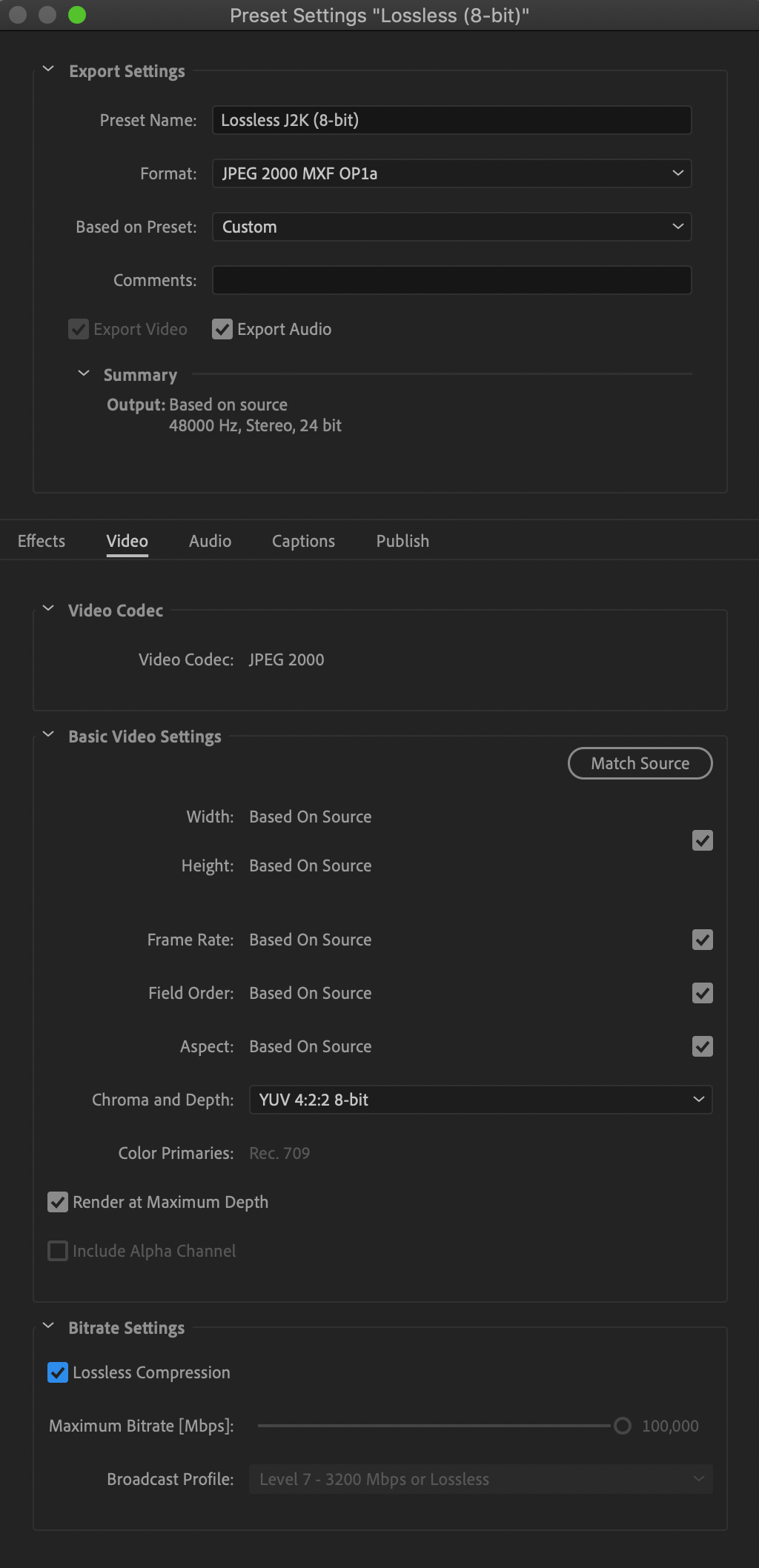 Screenshot of Adobe Media Encoder video presets window