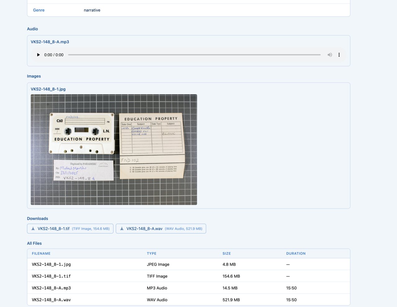 Item detail view with metadata and media playback